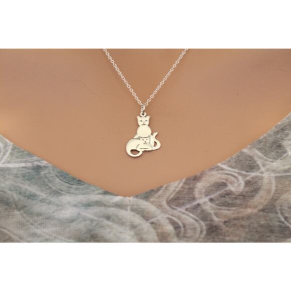 Sterling Silver Two Layer Mom and Baby Cat Charm Necklace - Picture 3 of 3